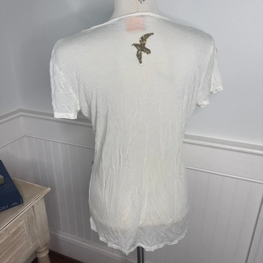 Tory Burch Ivory Modal Sequin Bird V-Neck T-Shirt XS Gold Nautical Coastal